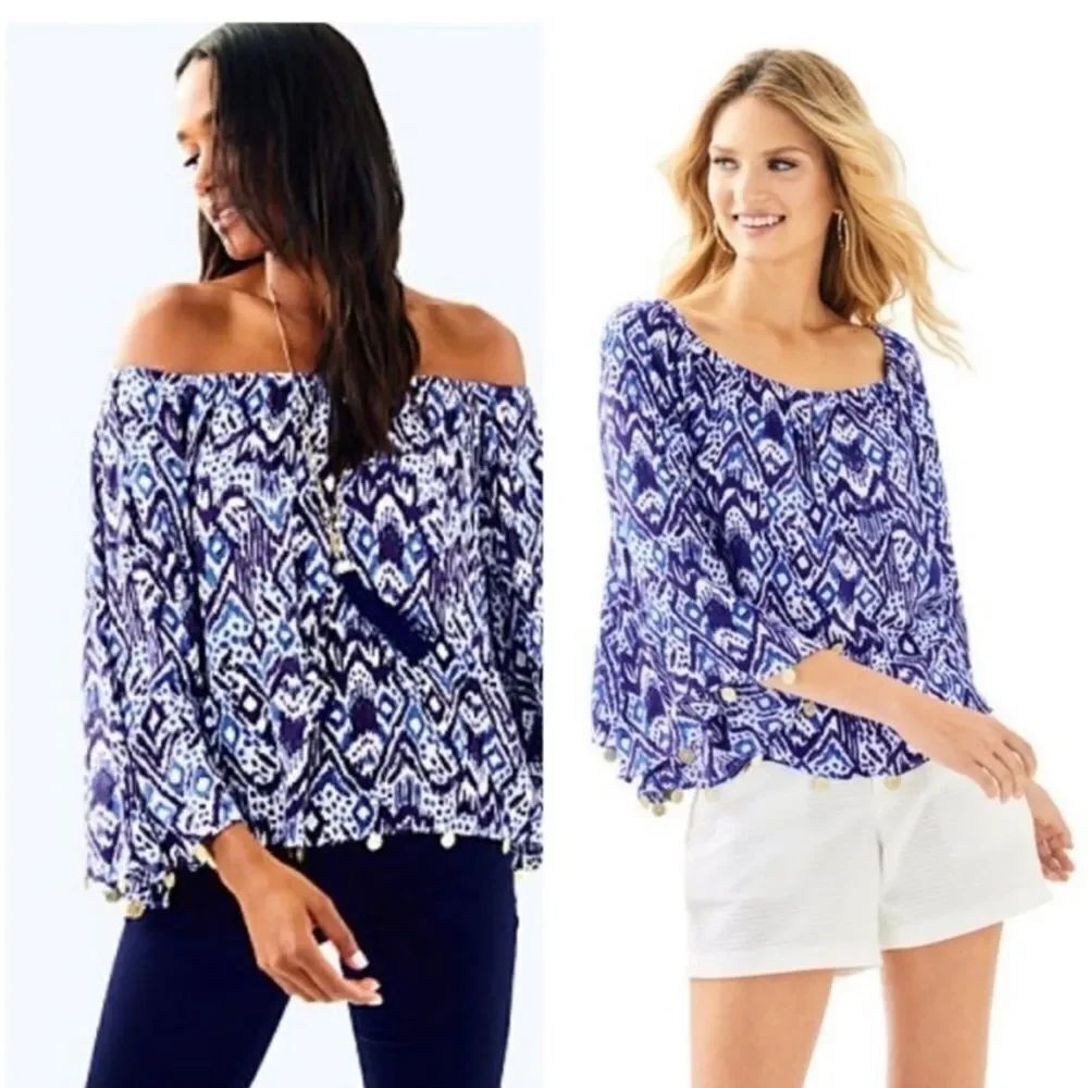 Lilly Pulitzer Delaney Blue Abstract Print Long Sleeves Off Shoulder Blouse M